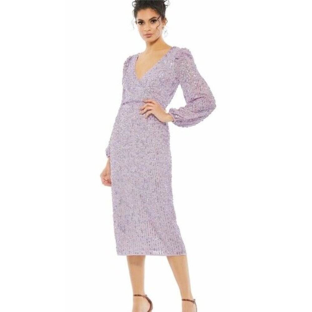 Mac Duggal Lilac Sequin V-Neck Midi Dress